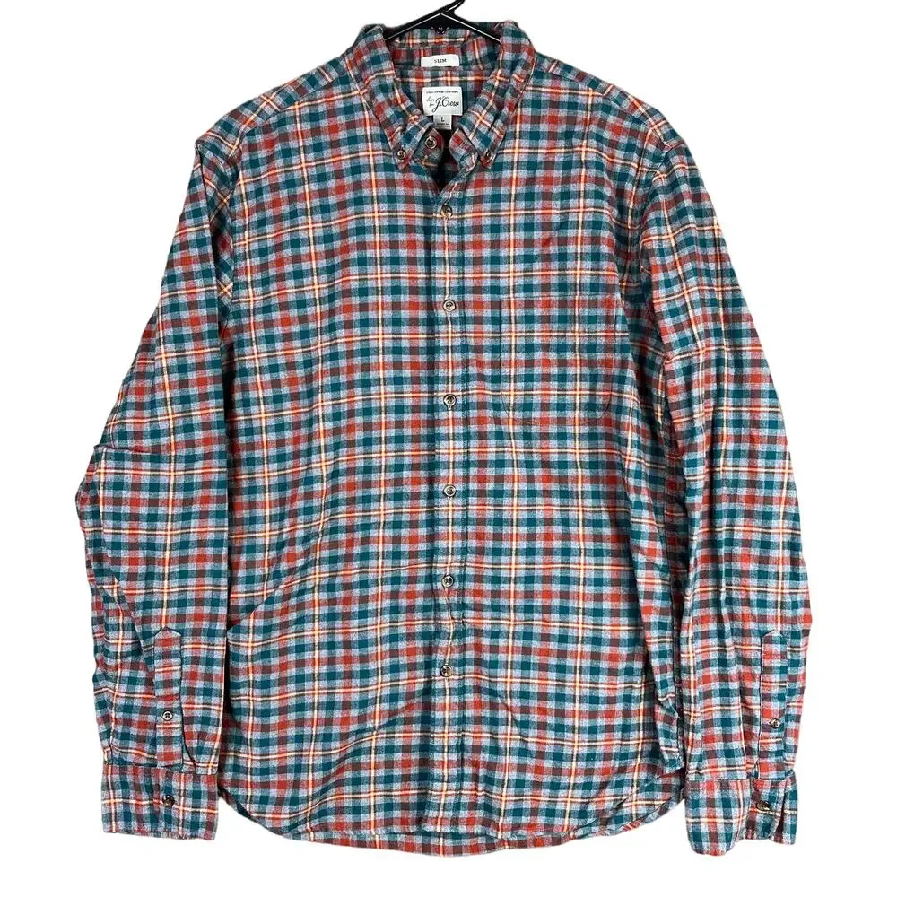 J Crew Mens Flannel Shirt Multicolor Green Gray Orange Plaid Slim Button Down L